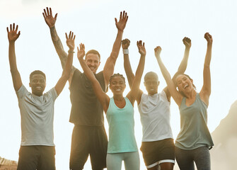 Fototapeta premium Friends, portrait and cheering for outdoor fitness, motivation and support for workout goals in nature. People, team building and celebration for exercise, together and collaboration for training