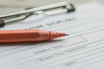 Close-up of a red pencil resting on a blank document form with a clipboard in the background, emphasizing completion and paperwork.