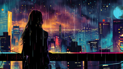 Pop art concept woman watching the city on a rainy day. Colorful background in pop art retro comic style.	