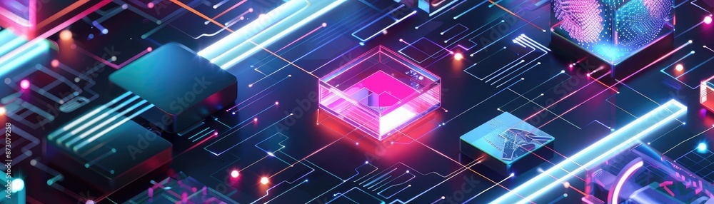 Poster futuristic neon glowing circuit board, digital technology background representing advanced computing