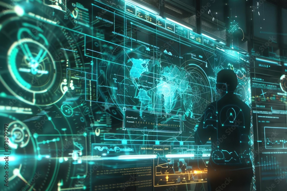 Poster a person interacting with a futuristic digital interface featuring holographic data and world maps, 