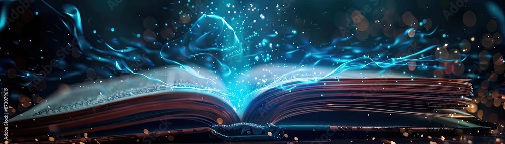 Poster open book with mystical blue light and particles emanating, creating a magical and enchanting atmosp