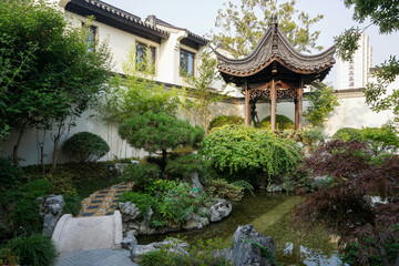 Chinese city luxury villa residential courtyard garden, Jiangnan garden style garden layout.