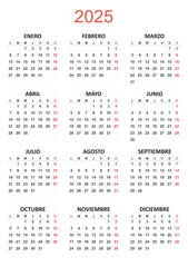 Spanish Yearly calendar. 2025 mockup. Annual Vertical template. Classic simple minimal design. Black numbers on white background. Editable format. First day lunes monday. EPS10.
