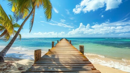 Fototapeta premium long wooden pier on tropical beach , wooden bridge jutting out to tropical sea , tropical beach with palm trees and pier