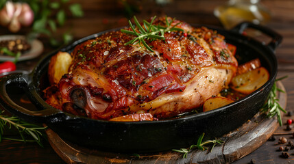 Roasted pork shank, ideal for ketogenic diets, rich in fat and protein, offering full flavor and nutritional values ​​that support a healthy lifestyle.