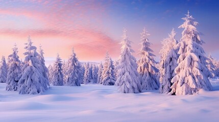 Winter Wonderland with Snow-Covered Trees at Sunset in a Serene Landscape. Generative AI