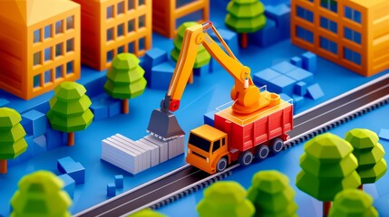 Fototapeta premium low poly construction truck loading bricks in a city model.