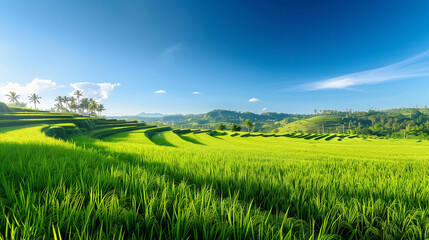 Fototapeta premium Beautiful rice fields stretching under a clear blue sky, enhancing the beauty of nature and bringing a sense of peace and harmony.