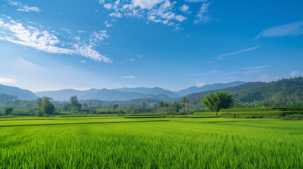 Obraz premium Beautiful rice fields stretching under a clear blue sky, enhancing the beauty of nature and bringing a sense of peace and harmony.