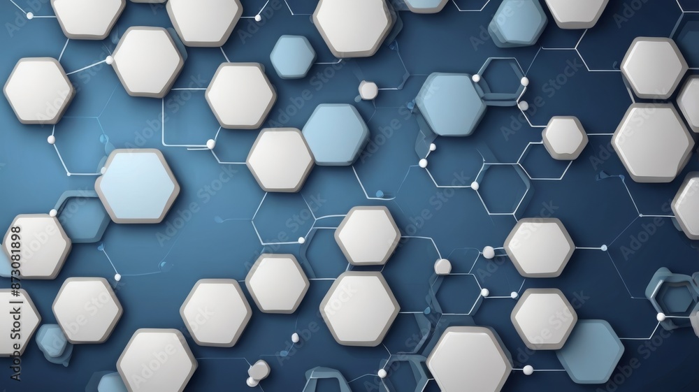Poster an abstract hexagons with nodes, featuring digital geometric lines and dots on a blue background, re