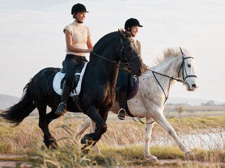 Equine, women and horses in countryside for riding, freedom and recreation for adventure as...