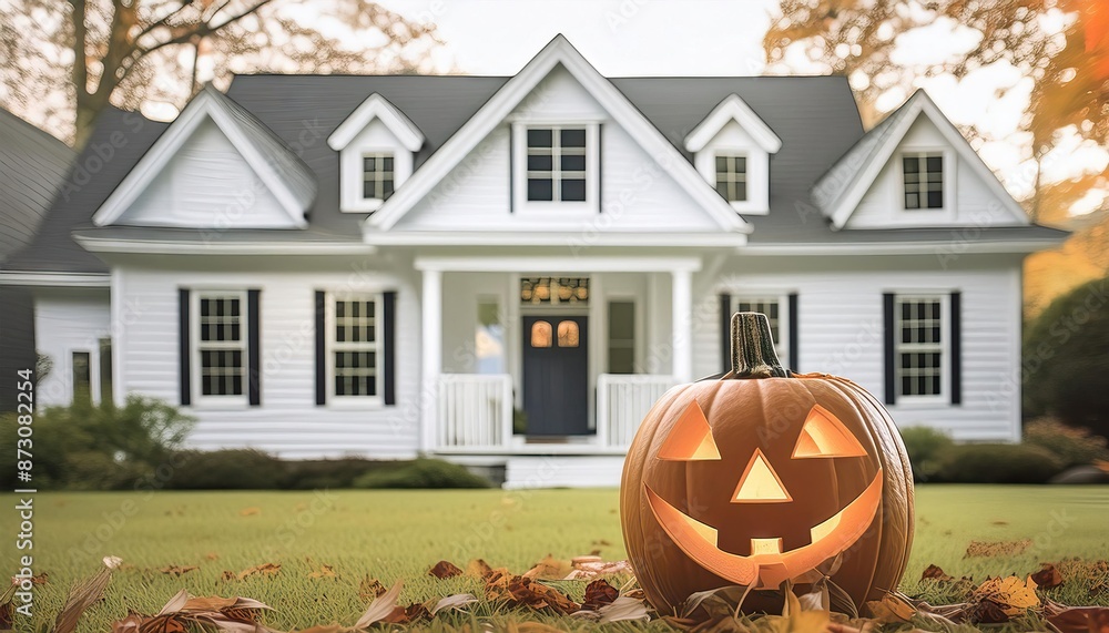 Wall mural halloween pumpkin lantern at front of family house