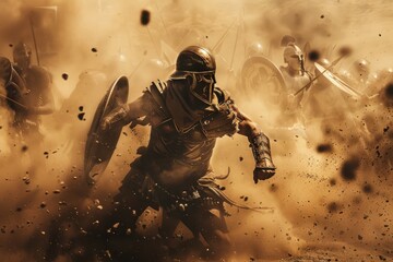 Fototapeta premium Spartan warrior charging into battle through a cloud of dust.