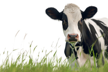 A black and white cow is standing in a field of grass