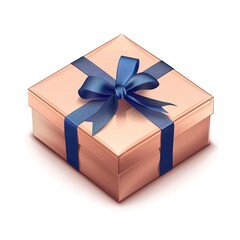 Peach colored gift box with blue ribbon on white background