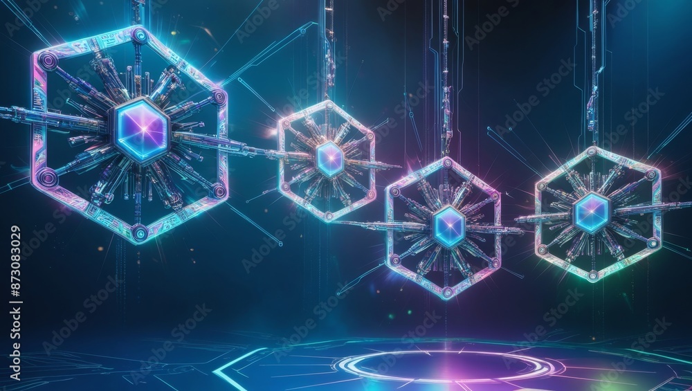 Aufkleber an abstract hexagons with nodes, featuring digital geometric lines and dots on a blue background, re