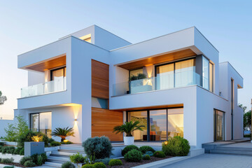 Fototapeta premium Stylish modern neighborhood with private modular townhouses, captured in natural daylight. Showcasing fresh architectural design and innovative housing solutions.