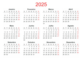 Calendar 2025 Year mockup. Portuguese version. Annual horizontal template. Classic simple minimal design. Editable format. EPS10.