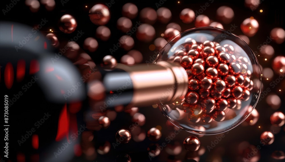 Poster abstract close-up image of metallic spheres inside a glass container with a blurred background, crea