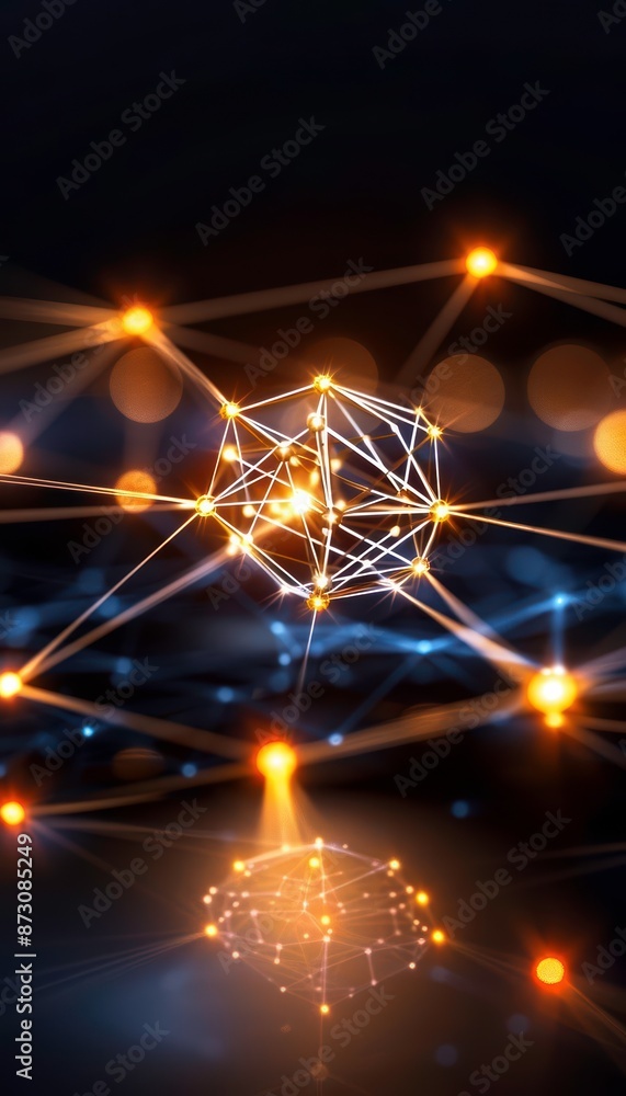 Poster abstract digital illustration of interconnected glowing lines forming a geometric structure against 