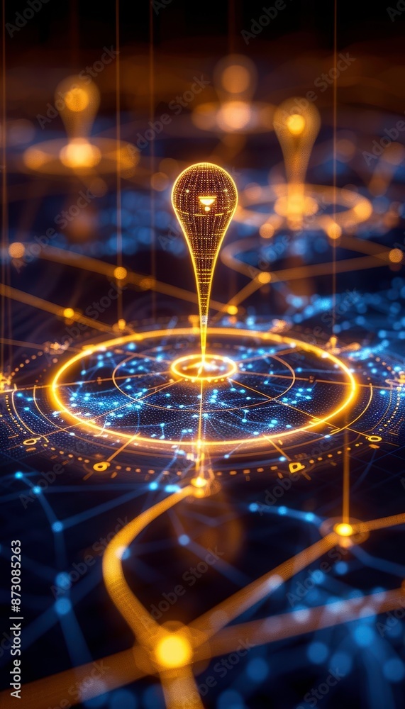 Poster abstract digital map with glowing yellow markers, representing network connections and technology in