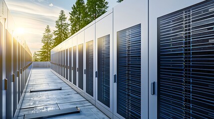An outdoor shot of a data center facility with cooling systems and security measures housing servers for big data processing.