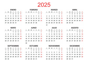 Spanish Yearly calendar. 2025 mockup. Annual Horizontal template. Classic simple minimal design. Black numbers on white background. Editable format. First day lunes monday. EPS10.