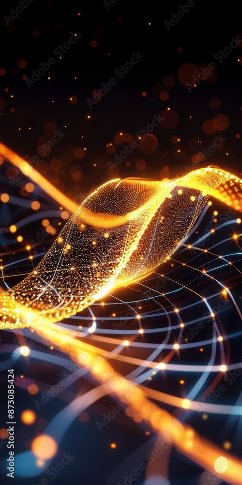 Poster abstract digital wave of glowing golden particles on a dark background, representing futuristic tech