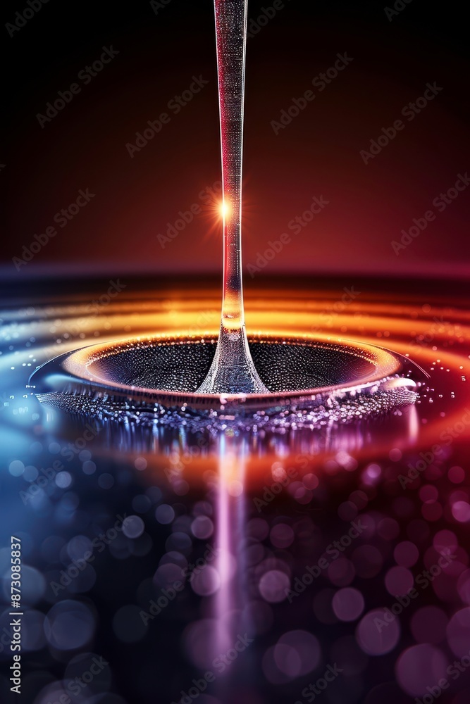 Poster abstract image of a liquid droplet creating ripples on a reflective surface with vibrant lighting, c