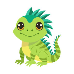 A green lizard with a big smile on its face. The lizard is sitting on a white background