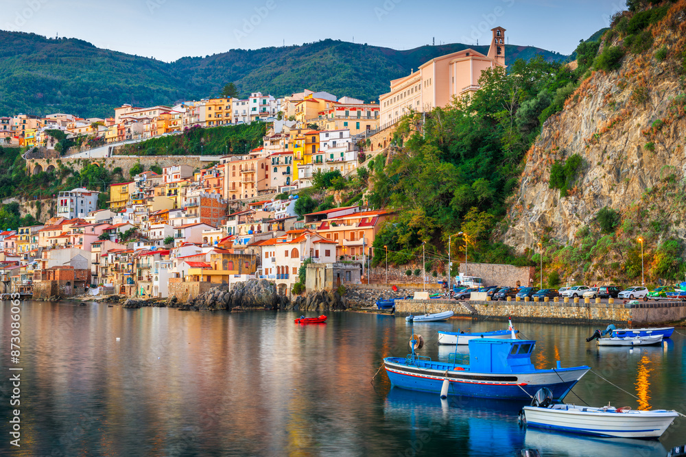 Wall mural scilla, italy waterfront at dawn