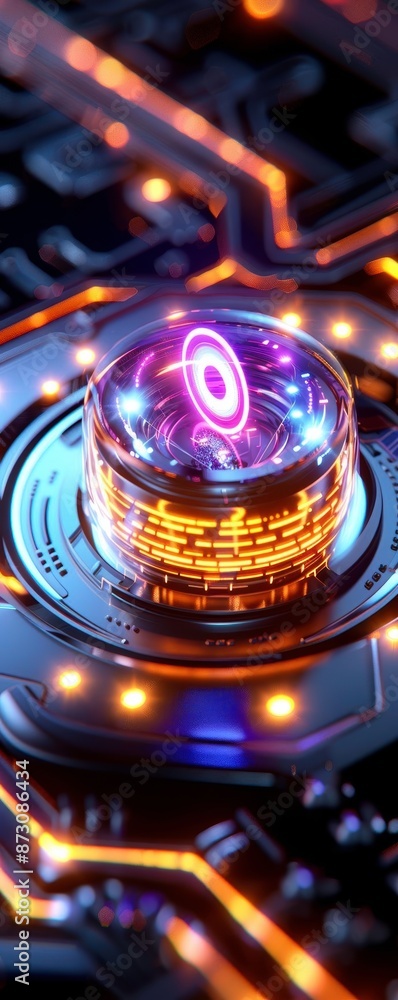 Poster close-up of a futuristic glowing orb with intricate metallic patterns and neon lights, representing 