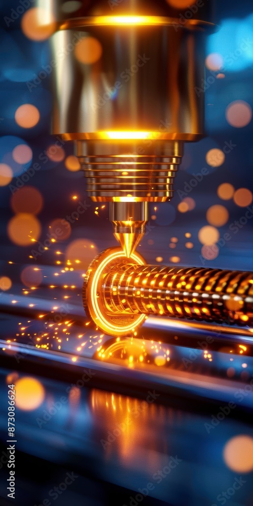 Poster close-up of a laser cutting machine processing a metal component, emitting sparks with a bokeh backg