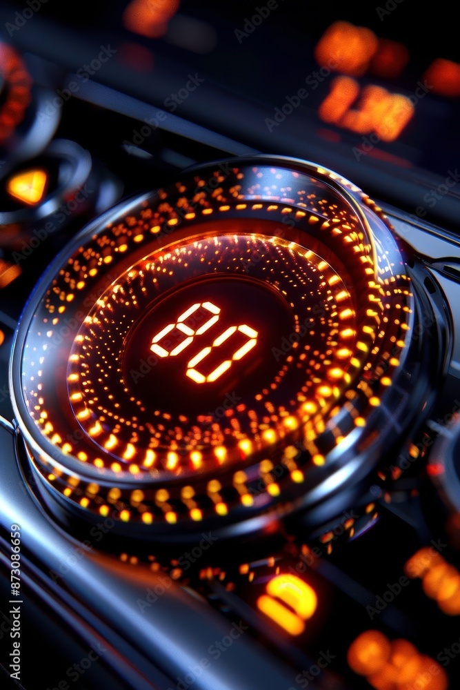 Poster close-up of a modern car dashboard showing an illuminated speedometer with bright orange lights and 