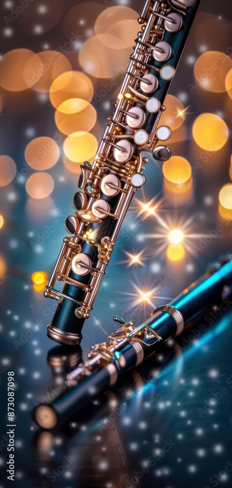 Poster close-up of two oboes with bokeh light effects, creating a magical and musical atmosphere.