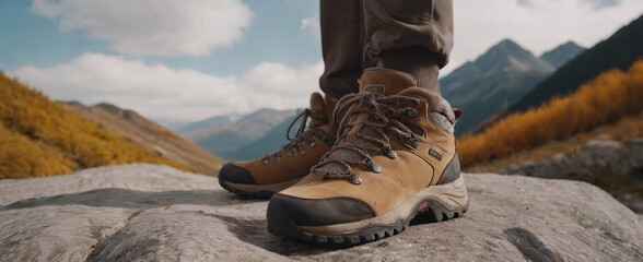Close-up of a man wearing trekking shoes standing on the cliff