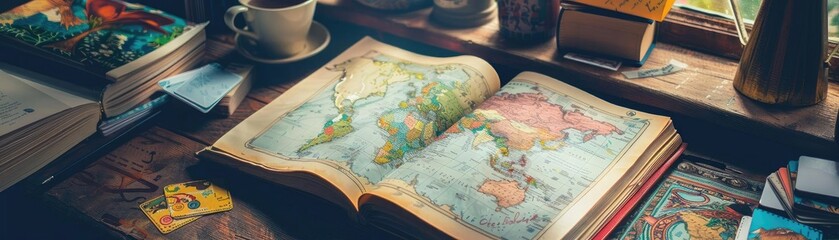 Vintage maps on a wooden desk with a cup of coffee and books in the background. Perfect for travel, adventure, and exploration themes.