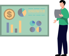 Boy looking at dollar chart graph board.