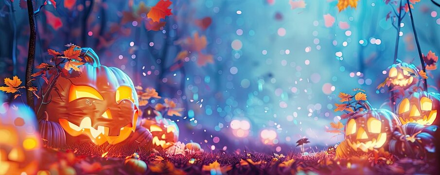 Enchanting Halloween scene with glowing jack-o'-lanterns in a mystical forest, creating a spooky and magical ambiance.