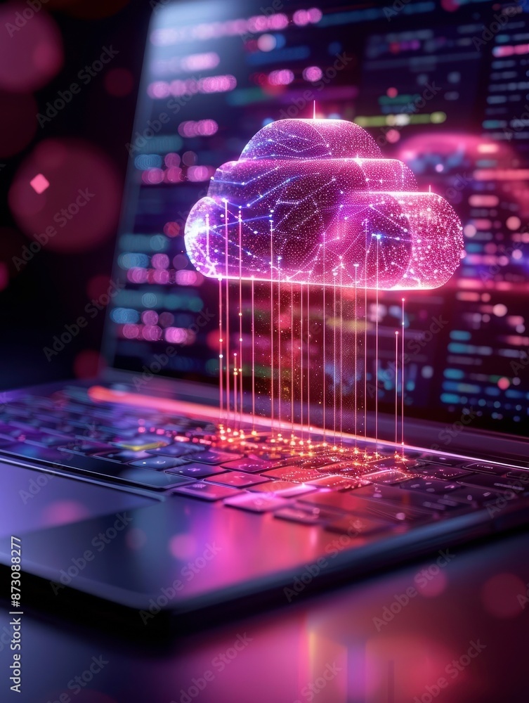 Poster futuristic cloud computing concept with a glowing digital cloud over a laptop keyboard. technology, 