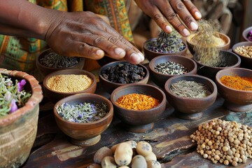 A hand delves into an array of herbs and spices, used in traditional African healing practices. Generative AI
