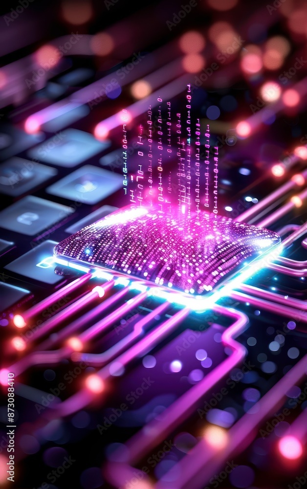 Poster futuristic cyber technology concept with glowing purple digital circuits integrated into a keyboard,
