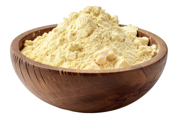 Raw chick pea floor in wooden bowl isolated on transparent background