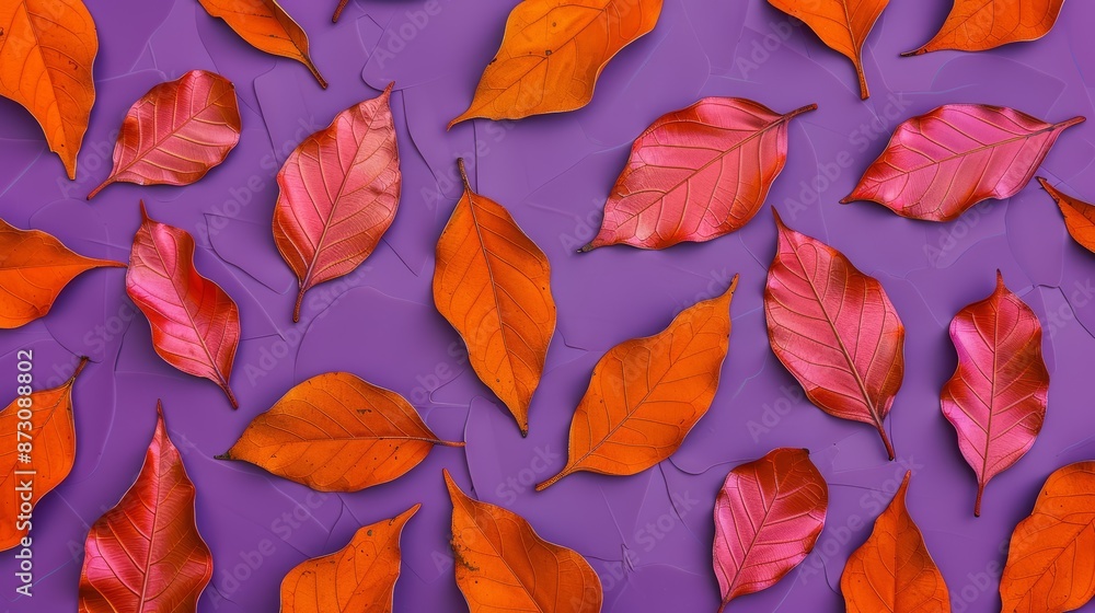 Poster a kaleidoscopic pattern of dry orange metallic leaves on a violet background, featuring a blend of p