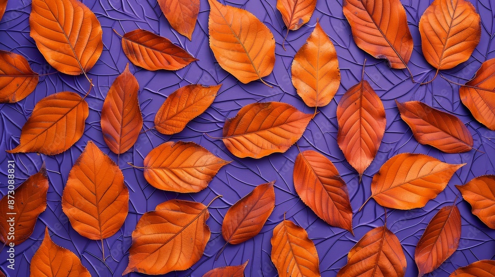Poster a kaleidoscopic pattern of dry orange metallic leaves on a violet background, featuring a blend of p