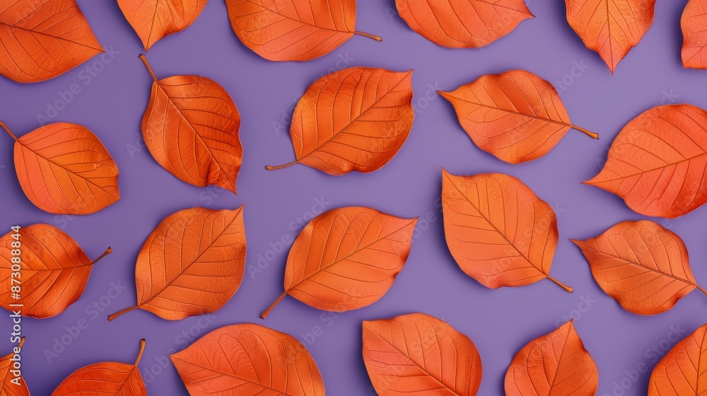 Poster a kaleidoscopic pattern of dry orange metallic leaves on a violet background, featuring a blend of p