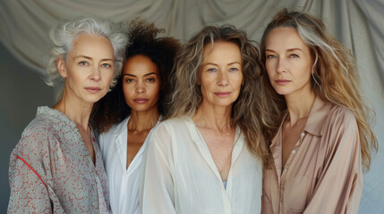 Fototapeta premium Diverse Beauty: Young and Senior Multiracial Women with Flawless Skin on a Warm Background. Generative ai.