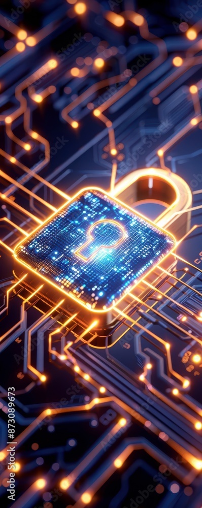 Poster glowing padlock symbol on a circuit board representing cybersecurity, data protection, and digital e