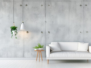 Modern living room with minimalist interior design featuring concrete wall.